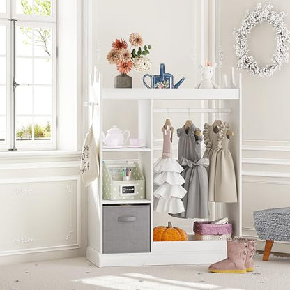 UTEX Kids Dress up Storage with Crown-Shaped Design and 2 Fabric Bins | See and Store Kids Wardrobe, Toddler Dress Up Rack, Open Hanging Armoire Closet, Water-based Paint, Princess Style - color: White