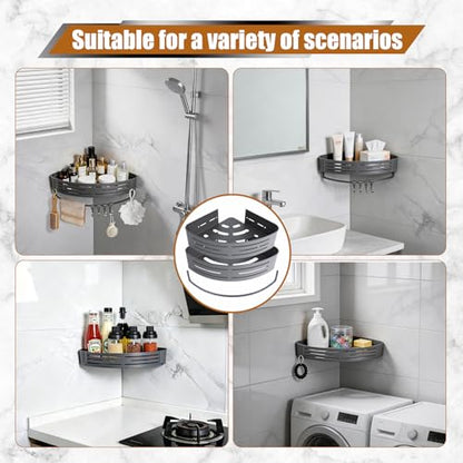 Matte Gray Corner Shower Shelf, 2-Pack Aluminum Bathroom Caddy Item Highlights No Drill Adhesive & Screw Mount, Rustproof Storage Rack with Towel Hooks for Shower, Toilet & Laundry Room