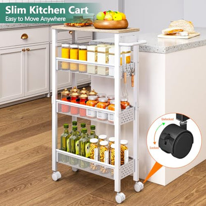 Vivihomety 4-Tier Slim Utility Rolling Laundry Cart with Wheels, Metal | Narrow 7.1" wide, Lockable wheels, wood top panel, metal frame, with handle, for laundry, bathroom, kitchen, white - color: White, size: 7.1 inch wide