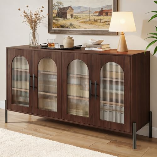 HUAHUU 55" Buffet Cabinet with Storage, Large Sideboard Cabinet with Fluted Doors & Adjustable Shelves, Modern Kitchen Storage Cabinets for Living Room, Entryway, Walnut - color: Walnut, size: 15.7"D x 55"W x 30.5"H
