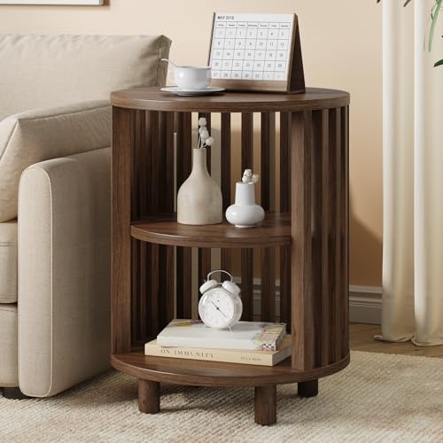 Round End Table, Wood Bedside Table, Mid Century Modern Nightstand with Open Storage Shelf, 3 Tier Small Side Tables for Living Room, Bedroom, Curved Profile Design, Walnut(1-Pack) - color: Walnut, size: 19" H