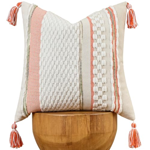 Chenille Striped Textured Boho Throw Pillow Covers Aesthetic with Tassels Woven Decorative Pillow Case for Couch Bed Sofa Bedroom Modern Funky 18 x 18-Inch White Orange - color: White Orange, size: 18" x 18" (Pack of 1)