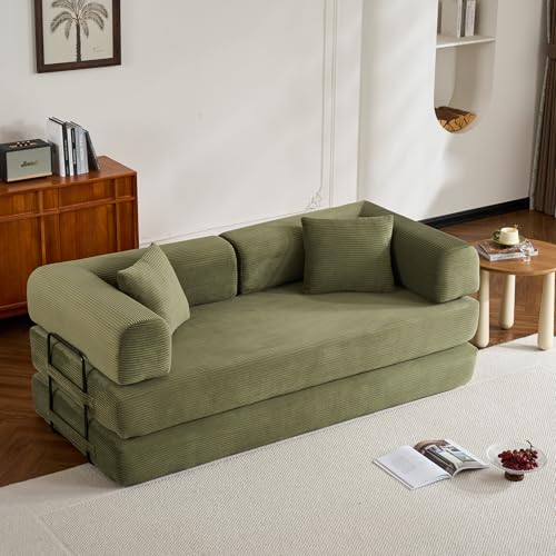 Convertible Sleeper Sofa Bed with Cylindrical Pillows, Corduroy Folding Mattress Couch, Fixed-Shape Metal Frame,Floor Lounge Loveseat for Living Room,Bedroom,Apartment,Guest Space (Green,Couch) - color: Green, size: 77.95"L x 35.43"W x 26.77"H