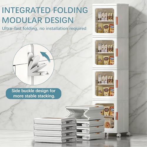 Tall Narrow Storage Cabinet, Plastic Organizer with Wheels, 4-Tier/White | Foldable Slim Cabinet for Bathroom, Kitchen, Laundry and Small Spaces, Adjustable Shelves & Magnetic Doors, Movable Wheels - size: 11.4"D x 14.6"W x 65.4"H