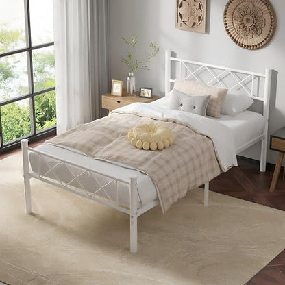 VECELO Twin Size Bed Frame with Headboard, Heavy Duty Bedframe with Strong Metal Slats, No Box Spring Needed & Easy Assembly, Pure White - color: Pure White, size: Twin