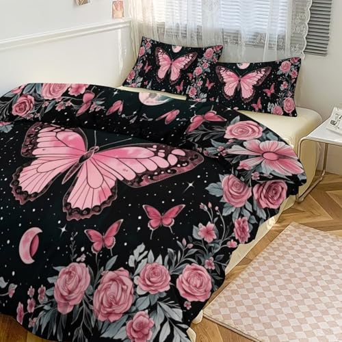 Boho Pink Butterfly Moon & Roses 3 Piece Reversible Bedding Set 86"x70",Double Sided Brushed Microfiber Duvet Cover Set with 2 Pillowcases Soft Breathable Comforter Cover for Home - color: Boho Pink Butterfly Moon & Roses, size: 86"x70"