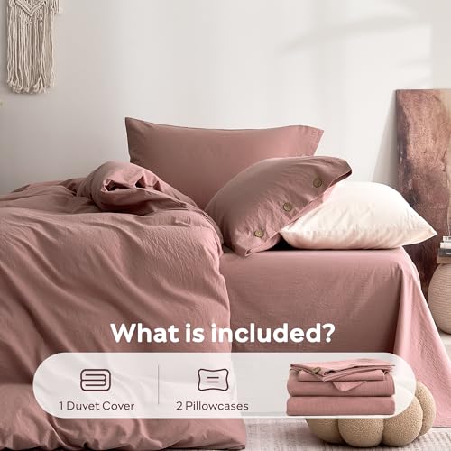 JELLYMONI 100% Washed Cotton Darker Rose Duvet Cover Queen, Linen-Like | OEKO-TEX Certified, Soft, Breathable Percale Bedding with Natural Wrinkle Texture, Button Closure, 3-Piece Set, 90"x90" - color: 01- Darker Rose, size: Queen(90"×90")