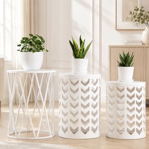 HFHOME Nesting Coffee Tables Set of 3, Industrial Metal Stacking Accent Side Tables Circle Table for Small Space, Living Room, Apartment, Bedroom Indoor - White - color: Classic White