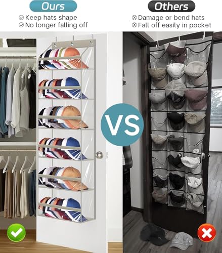 AOODA Clear Over the Door Hat Racks for Baseball Caps, Large Holds up to 72 Caps Hat Storage Organizer for Closet Wall, Deep Pockets Hanging Snapback Holder Shelves with 3 Hooks, Grey - color: Grey, size: 53.5"