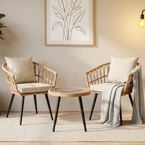 3-Piece Patio Dining Set, Featuring a Round PE Rattan Table and 2 Chairs, Suitable for Bedrooms, Porches and Gardens All-Weather Furniture Set Includes Tempered Glass, Thick Cushions - size: 3 Pieces