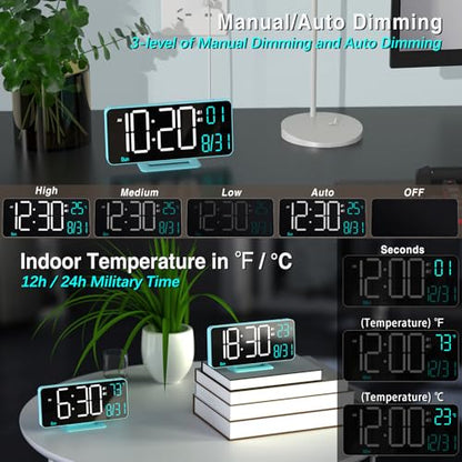 Digital Alarm Clock, 6.7in Digital Clock for Bedroom, Auto Dimming, Room Temperature, Day of The Week, Seconds, Date, Desk Clocks for Living Room, Alarm Clocks for Bedrooms - color: Blue (White + Blue Digits)