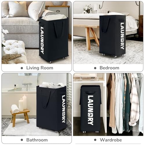 CHICVITA 75L Slim Rolling Laundry Basket with Wheels & Wash Bag, Black | Carry handle for easy moving to laundry room. Removable wash bag, slim design fits tight spaces - color: Black, size: 75L (15.7"L x 11.8"W x 24.8"H)