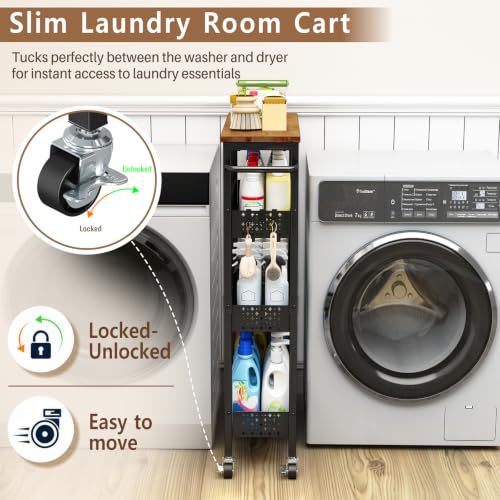 Slim Storage Cart with Wheels, 4 Tier Metal Rolling Organizer with Wood Top and Handle, Narrow Utility Shelf for Kitchen Bathroom Laundry Room, Black - color: Black-7.1inch