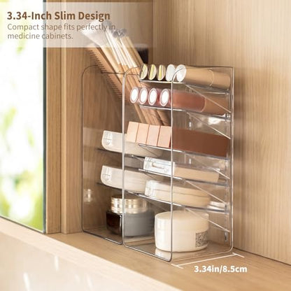 PAVSTINE 3-Pack Medicine Cabinet Organizer, Clear Open Storage Compartment with Adjustable Dividers, for Lip Oil/Lip Pencil/Eye Shadow Palette/Foundation Storage - size: 2-Tier & 3-Tier & 5-Tier Slant Set