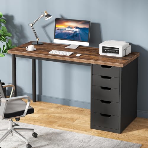 Tribesigns Computer Desk with 5 Drawers, 47 inches Rustic Brown Home Office Desk with Storage, Modern Simple Laptop Desk Study Writing Table for Small Spaces (1, Brown+Black) - color: Brown+black