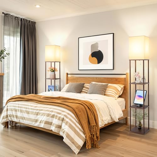 Coucrek 2-Pack Floor Lamp with Shelves, 3-Tier Standing Shelf Lamp | 3CCT 950LM Bulb Included, Storage Bookshelf Tall Standing Lamps for Living Room Bedroom Office - color: Brown