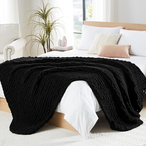 L'AGRATY Chunky Knit Throw Blanket for Couch, 72'' x 84'' Knit Throw, Black | Handmade Chenille Crochet Blanket for Sofa Bed, Thick Cable Knitted Blankets for Room Home Decor, Birthday Gift for Women Mom - color: Black, size: 72"x84"