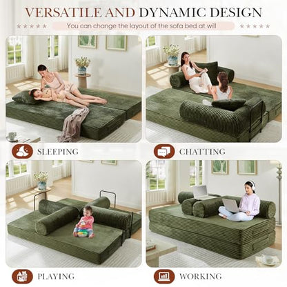 Antetek Modular Couch Bed, Convertible Folding Plush Corduroy Comfy Floor Compression Loveseat Sleeper Sofa Couch, King Size Bed for Guest Room Living Room Bedroom, No Assembly Required, Green