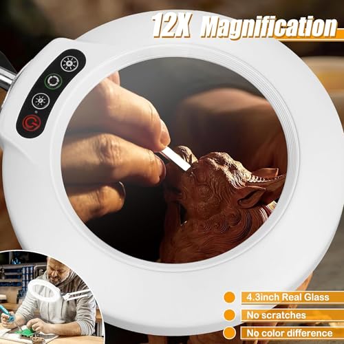 IVMAIE 12X Magnifying Glass with Light and Stand (No Acrylic Lens), 2-in-1 Lighted Magnifier with Clamp 5 Color Modes Dimmable LED Desk Lamp Hands Free for Painting Craft Sewing Hobby Close Work White - color: White