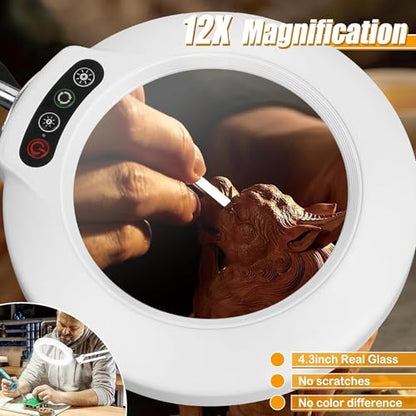 IVMAIE 12X Magnifying Glass with Light and Stand (No Acrylic Lens), 2-in-1 Lighted Magnifier with Clamp 5 Color Modes Dimmable LED Desk Lamp Hands Free for Painting Craft Sewing Hobby Close Work White - color: White