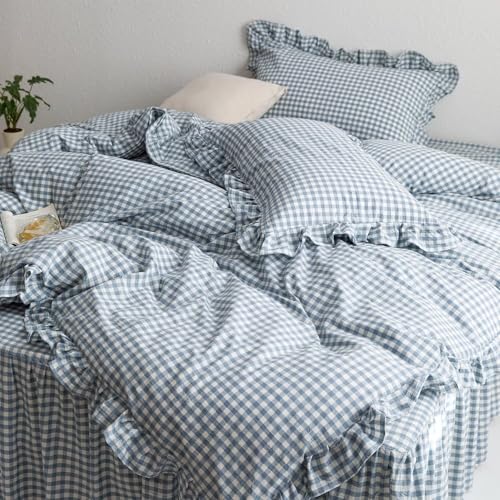 MKXI Blue and White Gingham Duvet Cover Twin Size, 3-Piece Bedding Set with Ruffles - 100% Soft Washed Cotton, Crisp Breathable - Nautical Coastal Classic Style Comforter Cover - color: 002 Ruffle- Blue Gingham, size: Twin