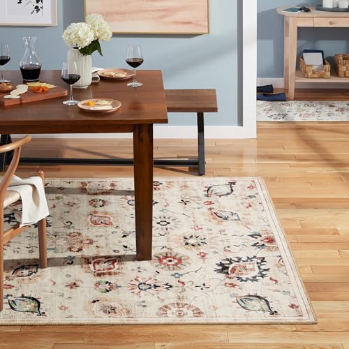 Haven Damask Floral Machine Washable Area Rug with Airflo Technology for Easy Clean, Ultra-Soft Non-Slip Rug with Built-in Pad, Pet, Family & Allergy Friendly, Beige Multi, 5'x7' - color: Beige/Multi Damask, size: 4'11" x 6'11" (Rectangular)