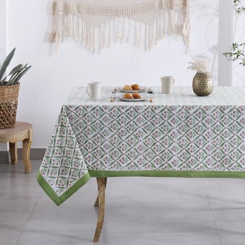 Labhanshi Block Print Cotton Tablecloth, Green/Pink, 72x108 in, 8-Seater - color: Green Pink, size: 108" x 72" (Rectangular)