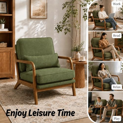 Karl home Mid-Century Modern Accent Reading Chair, Green | Linen Upholstered, Solid Wood Frame, Soft Cushion, Lumbar Pillow, Lounge Armchair for Living Room, Bedroom, Balcony, Study - color: Linen Green