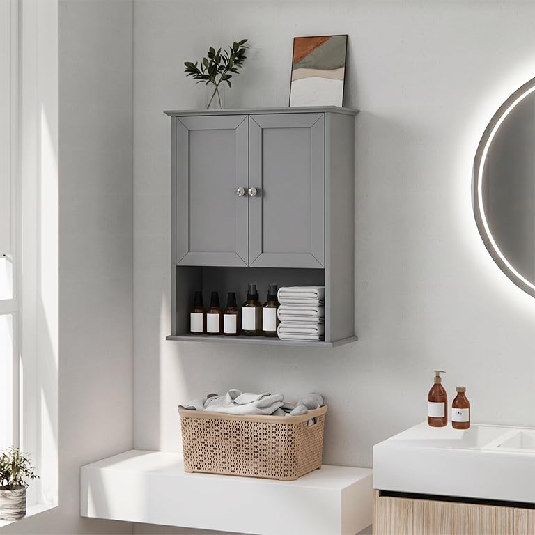 Medicine Cabinet, Over The Toilet Storage Cabinet, 24x30 Inch Wall Mount Bathroom Storage Cabinet with 2 Doors & Adjustable Shelf, Wooden Bathroom Wall Cabinet, Grey - color: Grey