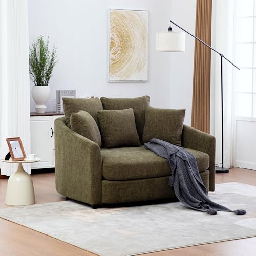KEIKI 56" Oversized Chenille Single Sofa Chair with 5 Removable Pillows and High Density Foam Cushions, Modern 1-Seater Slipcoved Barrel Lounger Chair, Easy Assembly, for Living Room, Apartment, Green - color: Green