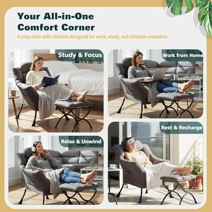 Lazy Chair with Ottoman, Comfy Reading Chair for Bedroom，Grey | Comfy Bedroom Accent Chair with Washable Removable Cover and extra throw pillow for Living Room Dorm - color: Shadow Grey