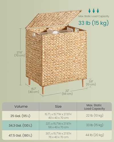 SONGMICS Laundry Hamper 2 Sections, 34.3 Gal. (130 L) Handwoven Water Hyacinth Wicker Laundry Basket with Lid, Natural Material, Removable Machine Washable Liners, Handles, Natural ULCB202Y01 - color: Natural, size: 130 L (Handwoven）