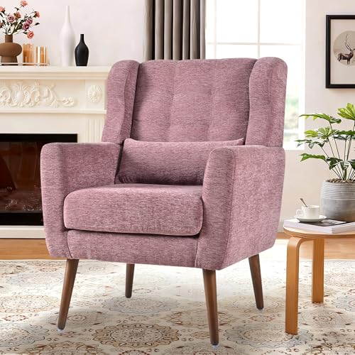 Modern Accent Chair, Upholstered Armchair with Pillow, Fabric Single Sofa Chair with Lounge Seat Solid Wood Legs Accent Chair for Living Room Bedroom Small Spaces (Purple) - color: Purple, size: Set of 1