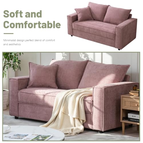 YUHUASHI Linen Fabric Loveseat Sofa, Modern Upholstered 2-Seater Couch with Square Arms and Throw Pillow, Sturdy Small Space Sofa Furniture for Living Room Bedroom Apartment (Pink, 65 Inch W) - color: Pink, size: 65 Inch W