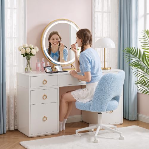 DurayLoly Vanity Chair with Wheels,Open Back, Armless,Light Blue | Chair Soft Teddy Fabric 6" Thick Cushion, Height Adjustable 17.5"–21.5", 360° Swivel for Vanity Table, Home Office - color: Light Blue
