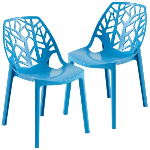 LeisureMod Cornelia Stackable Dining Chair in Solid Green Set of 2 - Modern Spring Cut-Out Tree Design Acrylic Armless Accent Side Chair for Kitchen, Living Room, and Dining Area - color: Solid Blue, size: Set of 2