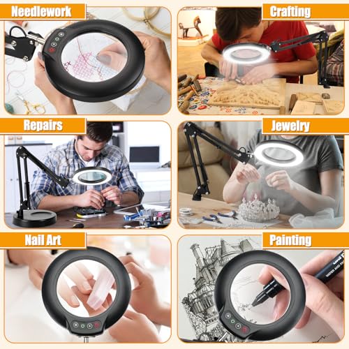 Real Glass 12X Magnifying Glass with Light and Stand (No Acrylic Lens), 2-in-1 Lighted Magnifier with Clamp, 5 Color Modes Dimmable LED Desk Lamp Hands Free for Painting Craft Sewing Hobby Close Work - color: Black