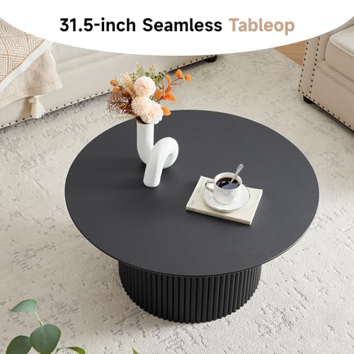 31.5" Round Coffee Table, Modern Fluted Accent Center Table with Metal Frame, Wooden Circle Coffee Tables for Living Room Small Space or Office (Black) - color: Black 31.5" Round