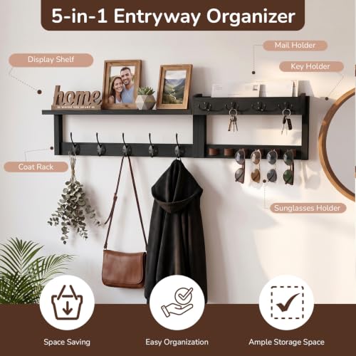 Wooden Key Holder Wall Mount with Shelf, Wall Key Rack and Mail Holder with 9 Key Hooks and 6 Sunglasses Holders, Farmhouse Key Hanger for Entryway Living Room Bedroom, Black - color: Black