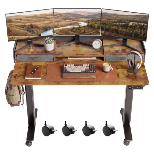 Claiks Standing Desk with Drawers & Wheels, 2 Height Shelf 48" Rustic Brown | 2 height adjust shelf, tabletop drawers, felt fence design, sturdy supports 176 lbs, 4 wheels, 2 tire monitor stand - color: Rustic Brown, size: 47.2×23.6