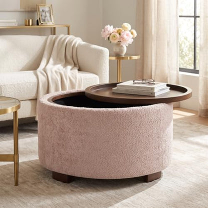 Zihanhome 30" Round Chenille Storage Ottoman Coffee Table with Removable Tray Top, Large Hidden Storage Ottoman, Solid Wood Legs for Living Room, Bedroom, Apartment (Pink) - color: Pink