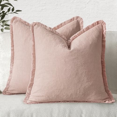 MIULEE Boho Linen Fringe Decorative Throw Pillow Covers Light Pink 18x18 | Set of 2, Cottagecore Decor, Boho Farmhouse Neutral Pillow Covers, Rustic Couch Cushion Cases for Sofa Bed Living Room - color: Light Pink, size: 18" x 18" (Pack of 2)