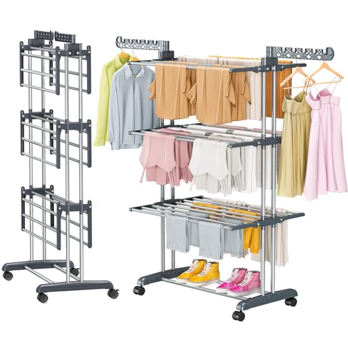Reinforced Clothes Drying Rack Foldable, 4-Tier Drying Rack with Wheels | Heavy Duty Foldable Laundry Drying Rack for Indoor Outdoor Air Drying, Ideal for Large Families, 19.60"D x 29.80"W x 67.60"H - size: 19.60"D x 29.80"W x 67.60"H