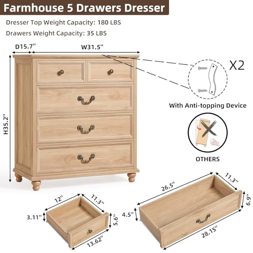 Joaxswe Farmhouse 5 Drawer Dresser Set of 2 for Bedroom, 35" Tall Rustic Chests of Drawers w/ 4 Solid Wood Feet, Mid Century Vintage Wooden Closet Storage Dressers Organizer for Living Room,Natural - color: Natural, size: 15.7"D x 31.5"W x 35.2"H (5 Drawe