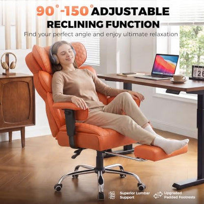 COMHOMA Big and Tall Office Chair with Upgrade Footrest, Heavy Duty Gaming Chair High Back Executive Chair with Spring Lumbar Support for Lower Back Pain Relief, 150°Reclining Adjustable Armrests - color: Orange