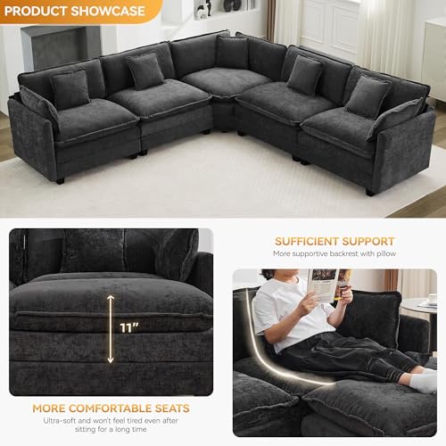 113'' V Shaped Cloud Sectional Sofa, Oversized Deep Seat Couches for Living Room, Chenille Comfy Upholstered Modular Sectional Sofa Couch, Dark Grey - color: Dark Grey, size: 113'' V Shape