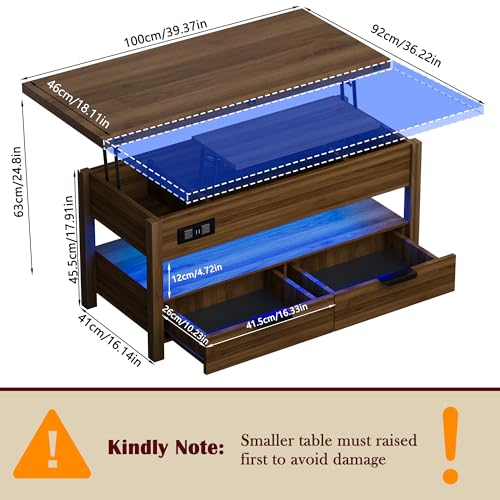 40" Lift Top Smart Coffee Table for Living Room | Power Outlets, LED Lights, Lifting Top, Storage Drawers & Compartments, for 4-6 People, Walnut - color: Walnut