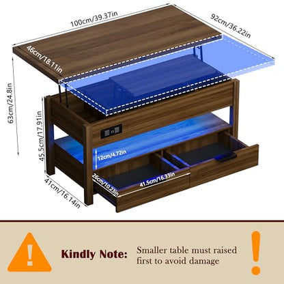 40" Lift Top Smart Coffee Table for Living Room | Power Outlets, LED Lights, Lifting Top, Storage Drawers & Compartments, for 4-6 People, Walnut - color: Walnut