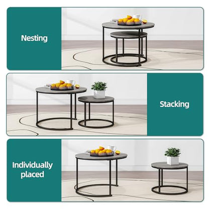 HOJINLINERO Round Nesting Coffee Tables Set of 2,Black+Warm Grey,Large | Center Tables for Living Room,Bedroom,Office,Home Small Space,Stacking Side Tables,Sturdy and Easy Assembly,Wood Desktop - color: Grey, size: Large