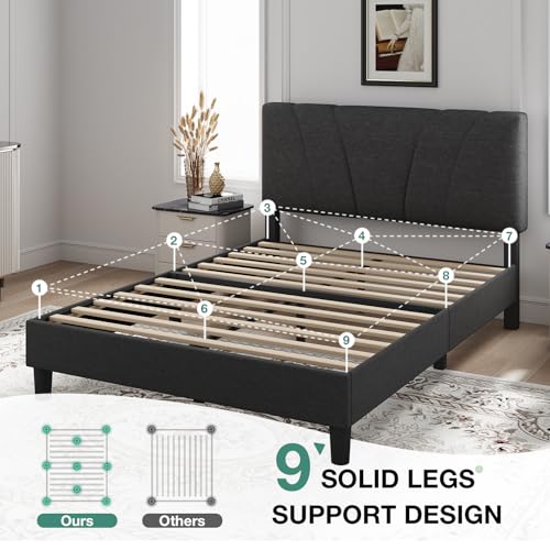 Novilla Queen Bed Frame with Headboard, Bed Frame Queen Size with Wood Slats Support,Linen Upholstered Adjustable Headboard, No Box Spring Needed, Heavy Duty Feet, Easy Assembly, Dark Grey - color: Dark Grey, size: Queen
